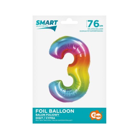 Balon foliowy Godan Smart cyfra 3 tęcza 76cm (CH-STC3) Godan