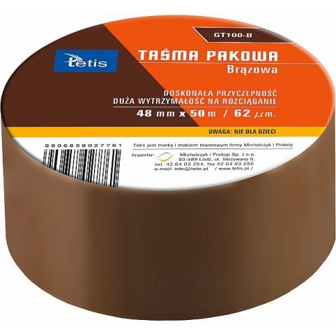 Taśma pakowa Tetis 48x50 [mm x m] brązowy (GT100-B) Tetis