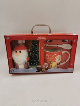 Ozdoba świąteczna Zestaw prezentowy świąteczny kubek z talerzykiem ,łyżeczką figurką Mikołaja i choinką w pudełku Bemag (A5396) Bemag