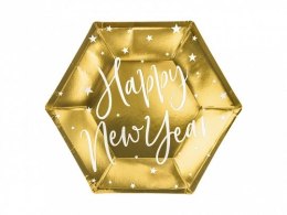 Talerz jednorazowy Partydeco w kolorze złotym lustrzanym z białym wzorem gwiazd i napisem Happy New Year, średnica ok. 20 cm (1  Partydeco