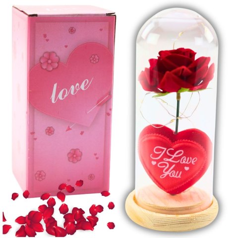 Gadżet Wieczna Róża w Kopule z Oświetleniem LED Czerwona z Serduszkiem 18,5x8cm Lean (21302) Lean