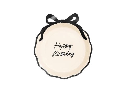 Talerz jednorazowy Happy Birthday z kokardką papier śr. 240mm 6 szt Partydeco (TPP39) Partydeco