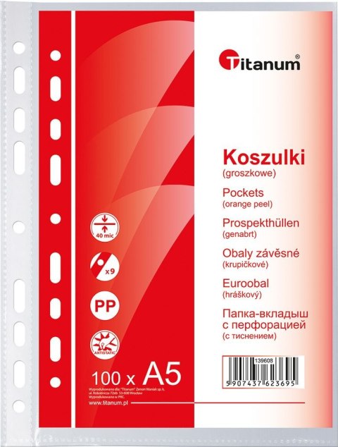 Koszulki na dokumenty Titanum A5 groszkowe 100 szt. typ U 40um Titanum