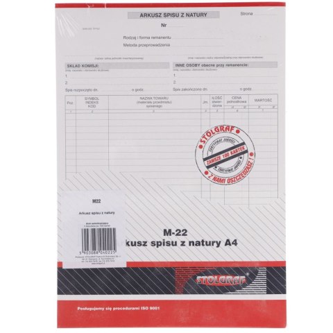 Druk samokopiujący arkusz spisu z natury A4 100k. Stolgraf (M22) Stolgraf