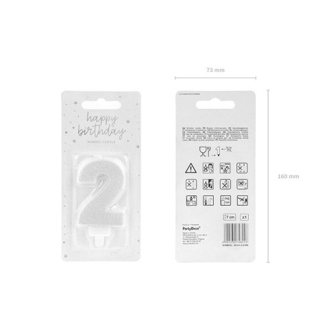 Świeczka urodzinowa cyferka 2 srebrny 7 cm 7cm Partydeco (SCU3-2-0188) Partydeco