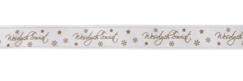 Wstążka Craft-Fun Series satynowa satynowa z nadrukiem Wesołych Świąt 12 biało-złoty Titanum (12/25YWHITE) Titanum
