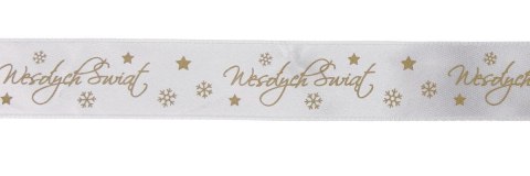 Wstążka Craft-Fun Series satynowa satynowa z nadrukiem Wesołych Świąt 25 biało-złoty Titanum (25/25YWHITE) Titanum