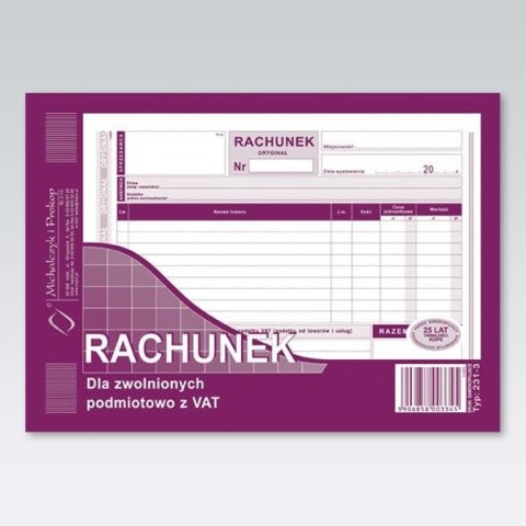 Druk offsetowy Rachunek dla zwolnionych podmiotowo z VAT A5 80k. Michalczyk i Prokop (231-3) Michalczyk i Prokop
