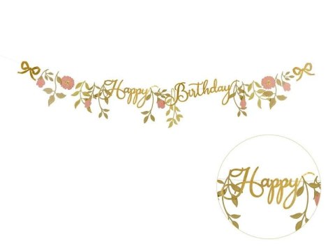 Baner Happy Birthday Kwiaty, różowo-złoty, 1.3m Partydeco (GRL127) Partydeco