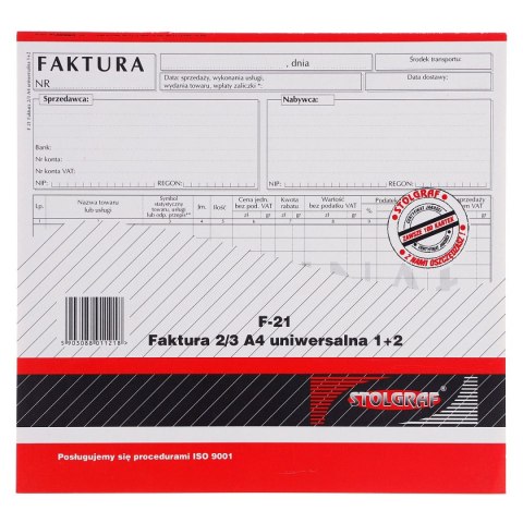 Druk samokopiujący faktura VAT 2/3 A4 (1+2) uniwersalna 2/3 A4 100k. Stolgraf (F21) Stolgraf