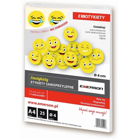 Etykieta samoprzylepna emotykieta kółka żółte 40mm A4 żółty Emerson (ETOKZOL003x025x012) Emerson