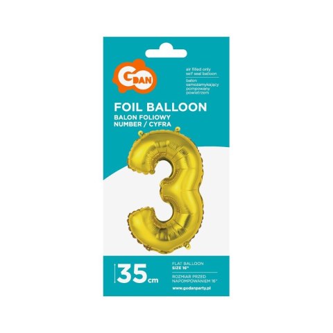 Balon foliowy cyfra 3 złoty 35 cm Godan (FG-C35Z3) Godan