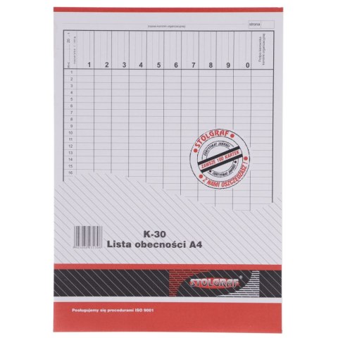 Druk offsetowy lista obecności A4 A4 100k. Stolgraf (K30) Stolgraf