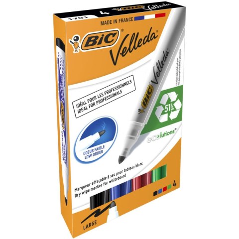 Marker suchościeralny Velleda Ecolutions 1701 komplet 4 szt wkład mix 1,5mm okrągła końcówka Bic (904941) Bic