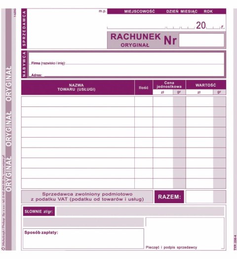 Druk offsetowy Rachunek dla zwolnionych podmiotowo z VAT 2/3 A5 80k. Michalczyk i Prokop (230-4) Michalczyk i Prokop