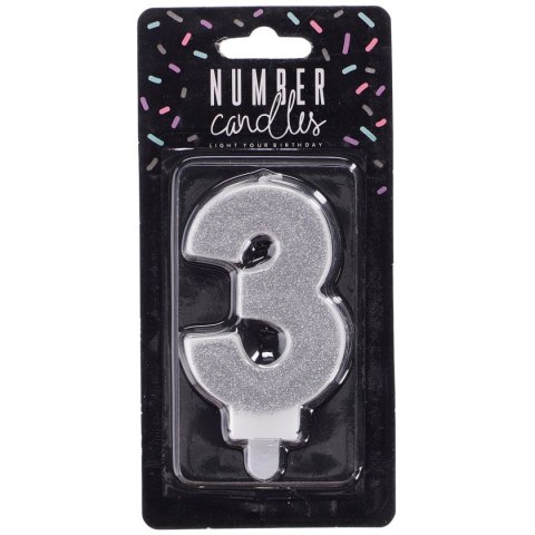 Świeczka urodzinowa cyferka 3 srebrny 7 cm 7cm Partydeco (SCU3-3-0188) Partydeco
