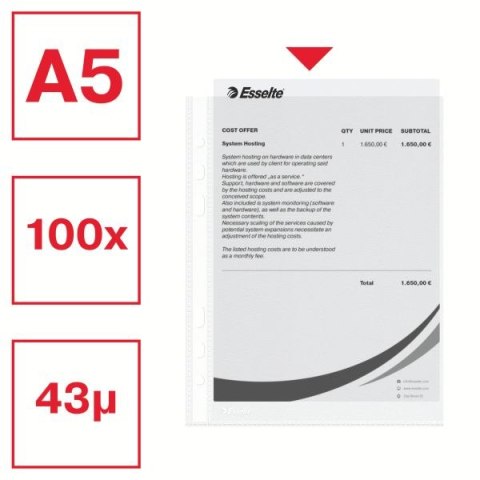 Koszulki na dokumenty A5 kolor: przezroczysty typu U 43 mic. Esselte (23782) Esselte