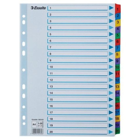 Przekładka numeryczna Mylar kartonowa A4 mix kolorów 160g 20k 1-20 Esselte (100163) Esselte