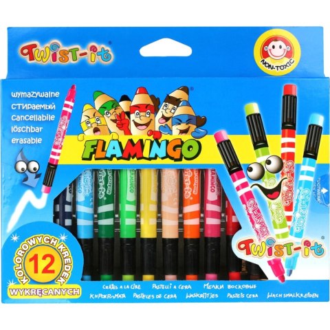 Kredki świecowe Twist-it Flamingo 12 kolorów wykręcane z gumką do wymazywania Flamingo