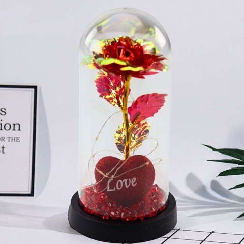 Gadżet Wieczna Róża w Kopule z Oświetleniem LED Sercem Koralikami Czerwona 21x11cm Lean (21328) Lean