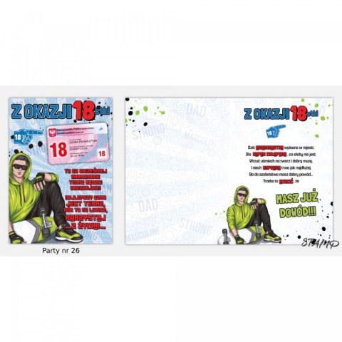 Kartka składana B6 PARTY Urodzinowy dla chłopaka 18 lat Ev-corp (STKP-026) Ev-corp