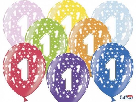 Balon gumowy gumowy 1 urodziny, mix kolorów 30 cm/6 sztuk mix 300mm Partydeco (SB14M-001-000-6) Partydeco