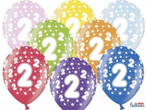 Balon gumowy gumowy 2 urodziny, mix kolorów 30 cm/6 sztuk mix 300mm Partydeco (SB14M-002-000-6) Partydeco