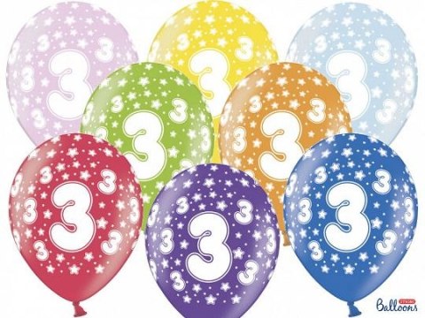 Balon gumowy gumowy 3 urodziny, mix kolorów 30 cm/6 sztuk mix 300mm Partydeco (SB14M-003-000-6) Partydeco