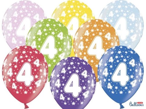 Balon gumowy gumowy 4 urodziny, mix kolorów 30 cm/6 sztuk mix 300mm Partydeco (SB14M-004-000-6) Partydeco