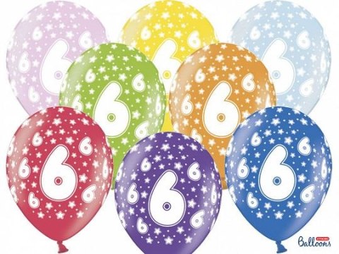 Balon gumowy gumowy 6 urodziny, mix kolorów 30 cm/6 sztuk mix 300mm Partydeco (SB14M-006-000-6) Partydeco