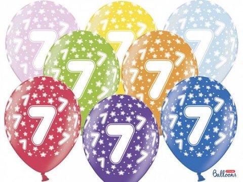 Balon gumowy gumowy 7 urodziny, mix kolorów 30 cm/6 sztuk mix 300mm Partydeco (SB14M-007-000-6) Partydeco
