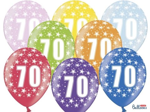 Balon gumowy gumowy 70 urodziny, mix kolorów 30 cm/6 sztuk mix 300mm Partydeco (SB14M-070-000-6) Partydeco