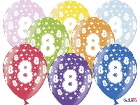 Balon gumowy gumowy 8 urodziny, mix kolorów 30 cm/6 sztuk mix 300mm Partydeco (SB14M-008-000-6) Partydeco