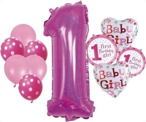 Balon gumowy zestaw balonów 12 elementów baby girl liczba 1 różowy Antella Antella