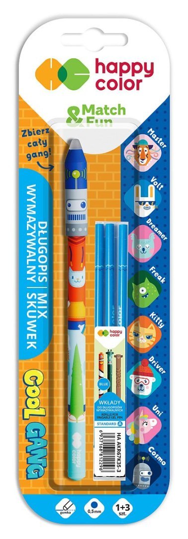 Długopis wymazywalny Cool Gang + 3 wkłady wymienne wkład niebieski 0,5mm Happy Color (4120 01C1-3 BKRF) Happy Color