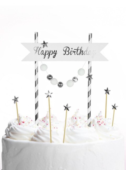 Dekoracja na tort Happy Birthday - pomponiki srebrne Arpex (KK0126SRE-7690) Arpex
