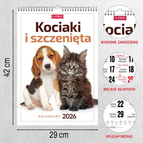 Kalendarz ścienny 16 stron wieloplanszowy A3 Press (kociaki i szczeniaki) Press