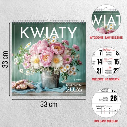 Kalendarz ścienny WIELOPLANSZOWY KWADRAT KWIATY 330mm x 330mm Press (16K) Press