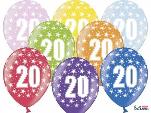 Balon gumowy gumowy 20 urodziny, mix kolorów 30 cm/6 sztuk mix 300mm Partydeco (SB14M-020-000-6) Partydeco