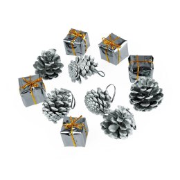 Ozdoba świąteczna prezenciki i szyszki 12szt. srebrne Arpex (BN6028SRE-7581) Arpex