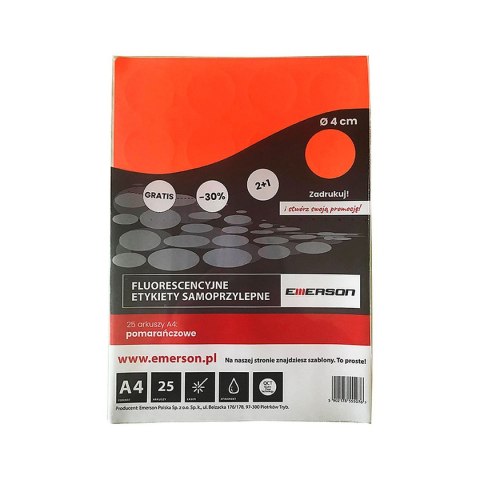Etykieta samoprzylepna kółka 40 mm A4 pomarańczowy Emerson (ETOKPOM02x025x010) Emerson