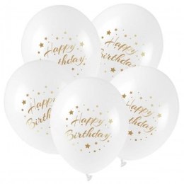 Balon gumowy ze złotym nadrukiem Happy Birthday (5 szt.) biały 300mm 12cal Arpex (KB2877) Arpex