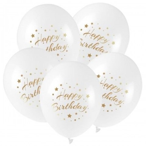 Balon gumowy ze złotym nadrukiem Happy Birthday (5 szt.) biały 300mm 12cal Arpex (KB2877) Arpex