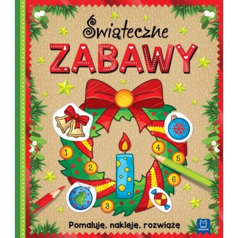Książeczka edukacyjna Świąteczne zabawy. Pomaluję, nakleję, rozwiążę Aksjomat (3140) Aksjomat