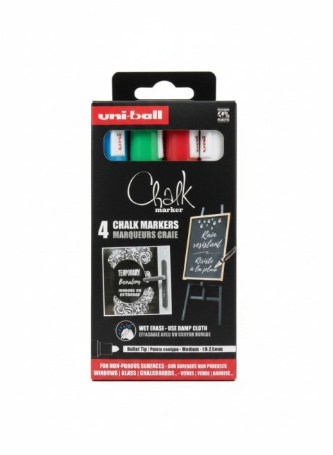 Marker suchościeralny 4szt PWE 5m biały ,, niebieski,zielony, czerwony wkład mix 1,8-2,5mm okrągła końcówka Uni (206563) Uni