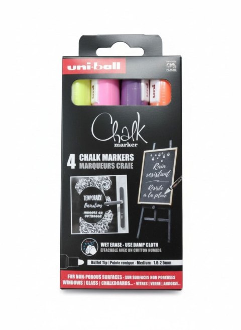 Marker suchościeralny 4szt PWE 5m żółty,pomarańczowy,różowy,foletowy wkład mix 1,5-2,5mm okrągła końcówka Uni (206566) Uni