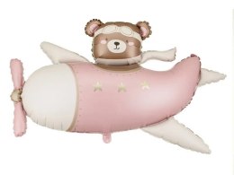 Balon foliowy Miś w Samolocie, 94x61 cm, jasny różowy Partydeco (FB383-081J) Partydeco